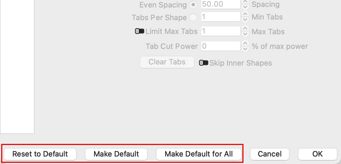 Make Default, Reset to Default, and Make Default for All buttons