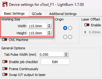 Screenshot of the Device Settings window with the Working Size section of the Basic Settings tab highlighted with a red box