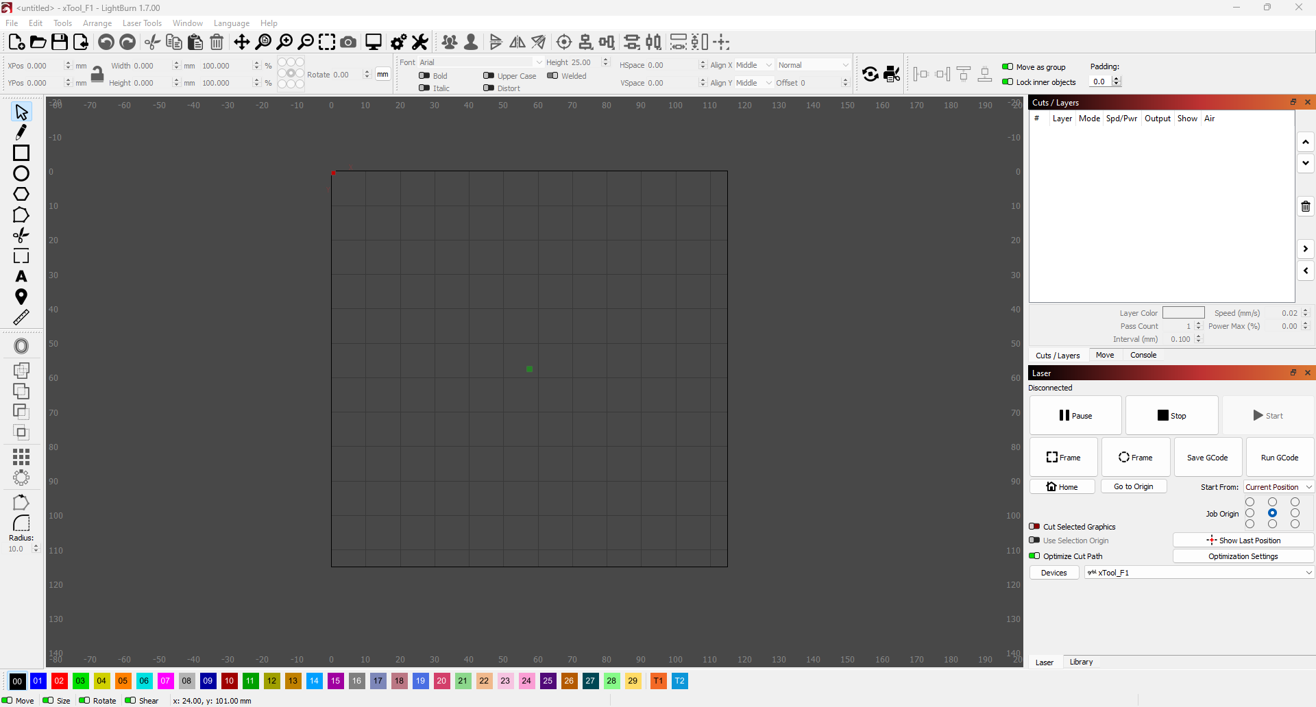 Screenshot of LightBurn showing the workspace with a dark background