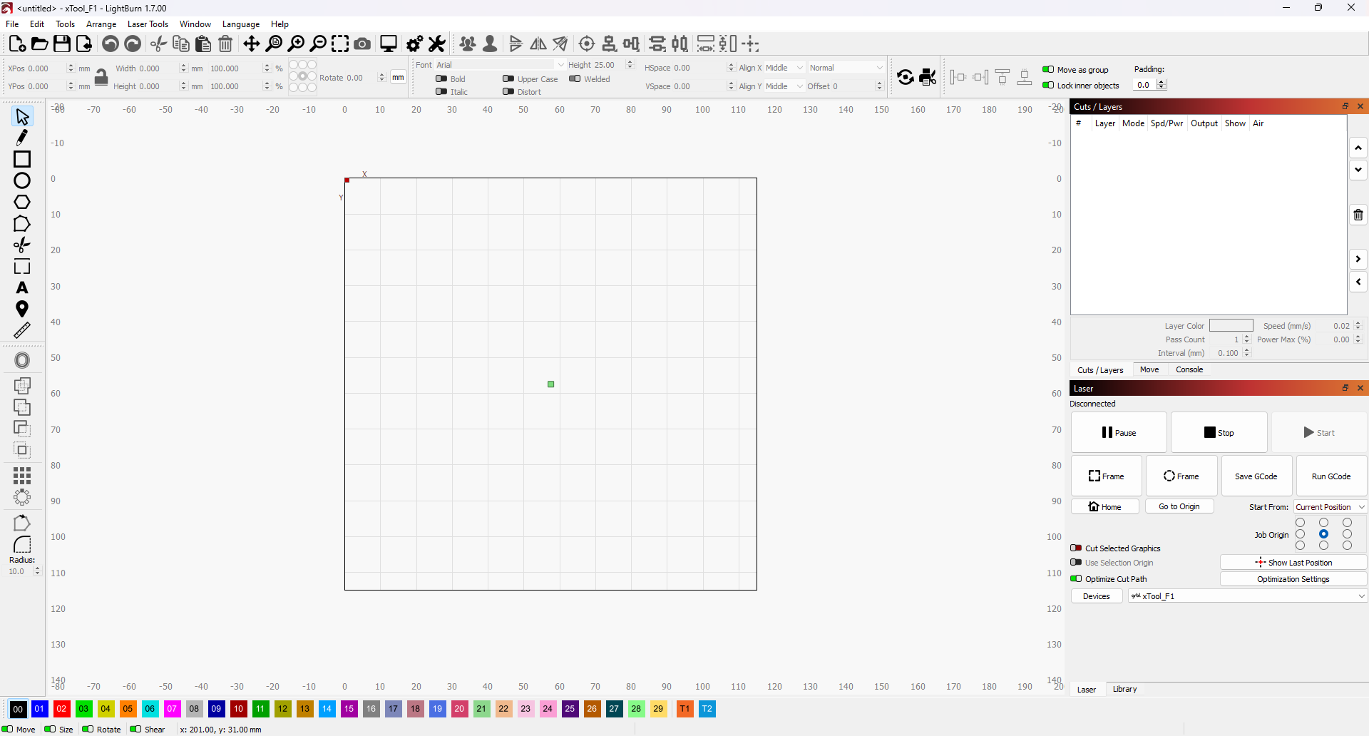 Screenshot of LightBurn showing the workspace with a light background