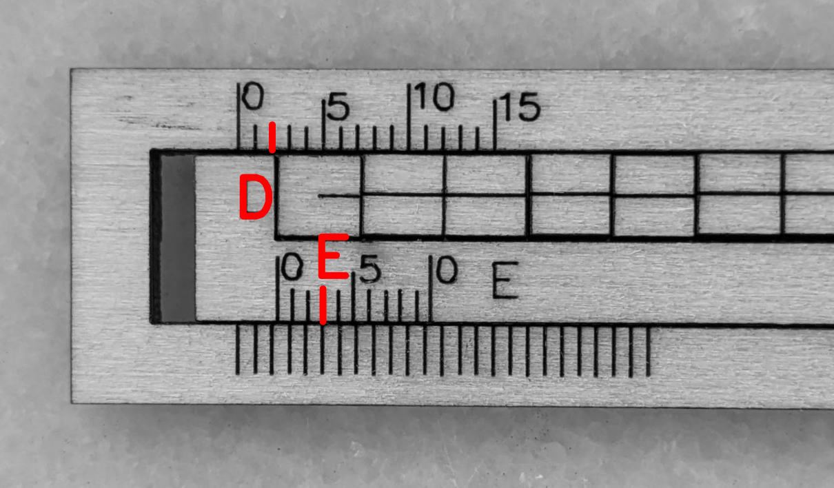 Annotated image demonstrating how to find D and E