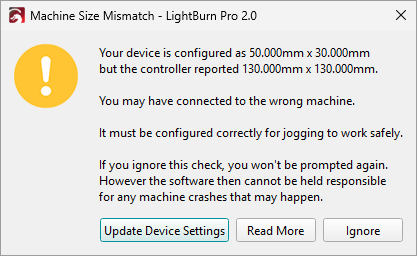 Machine Size Mismatch error popup