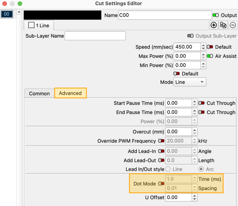 Dot Mode disabled in the Cut Settings Editor