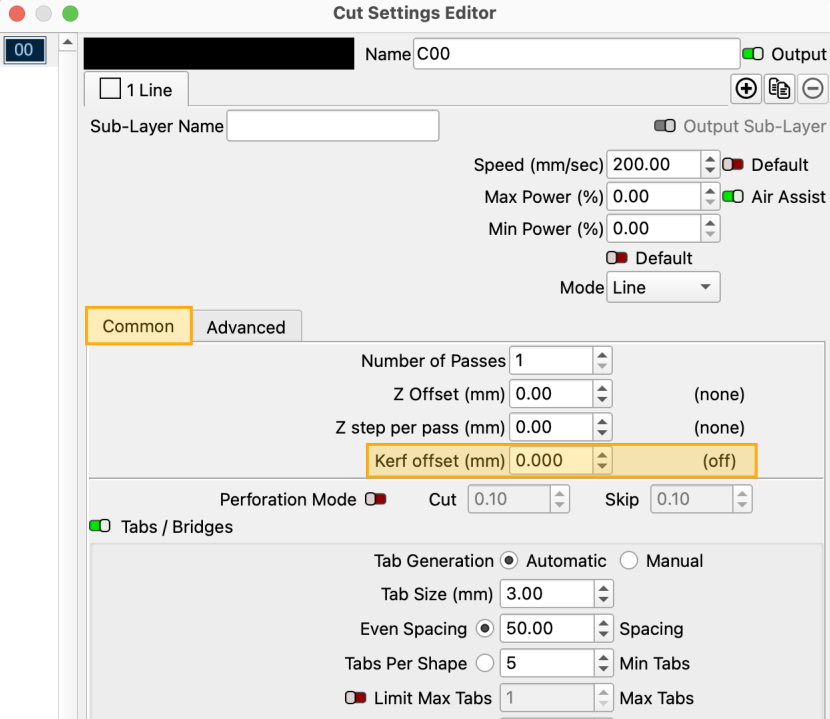 Kerf Offset disabled in the Cut Settings Editor