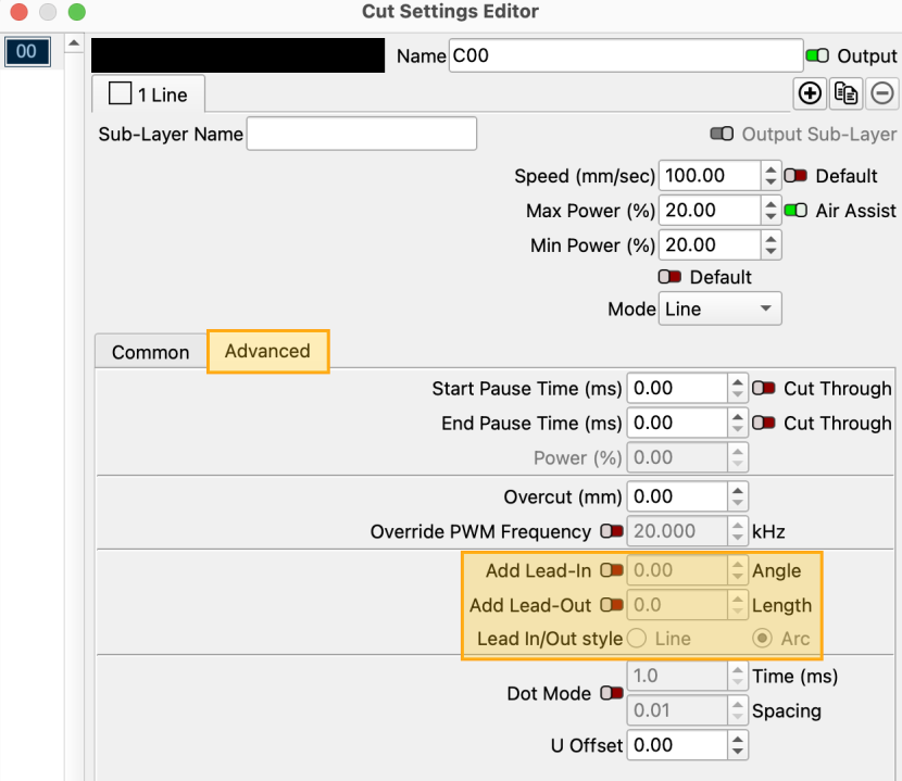 Lead-In and Lead-Out disabled in the Cut Settings Editor
