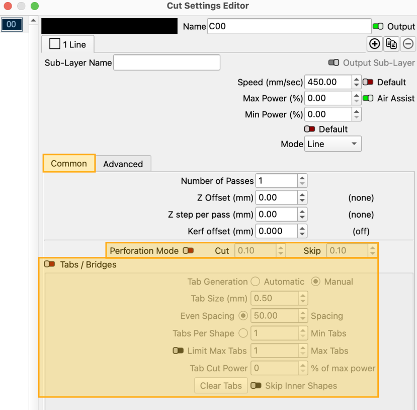 Perforation Mode and Tabs / Bridges disabled in the Cut Settings Editor
